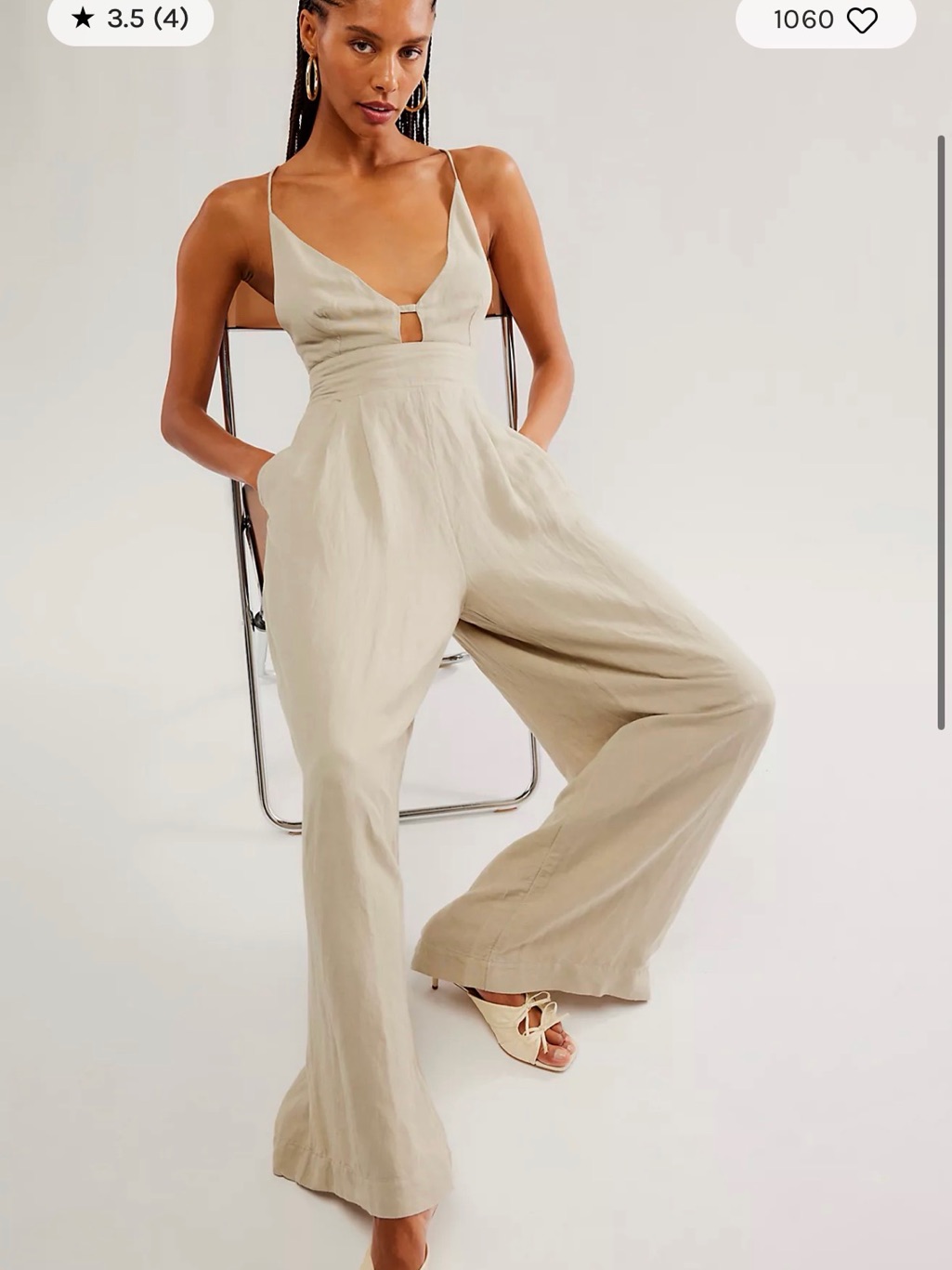 Free People Neutral Beige Spaghetti-Strap Wide-Leg Jumpsuit